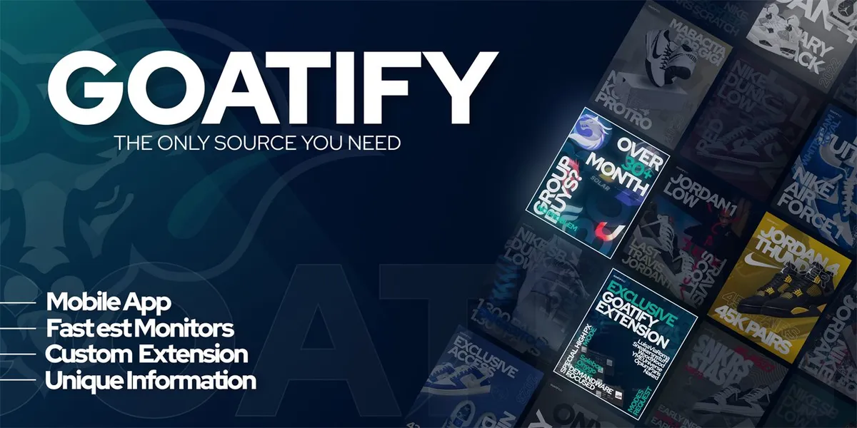 Promotional cover image for Goatify, a European reselling community with monitors and a checkout extension.
