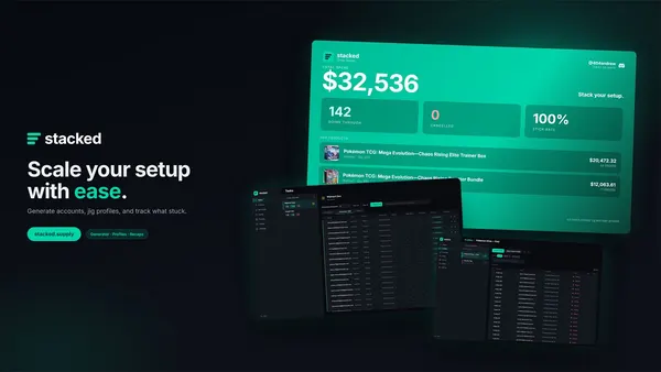 Promotional cover image for Stacked showing account generator and bot toolbox software